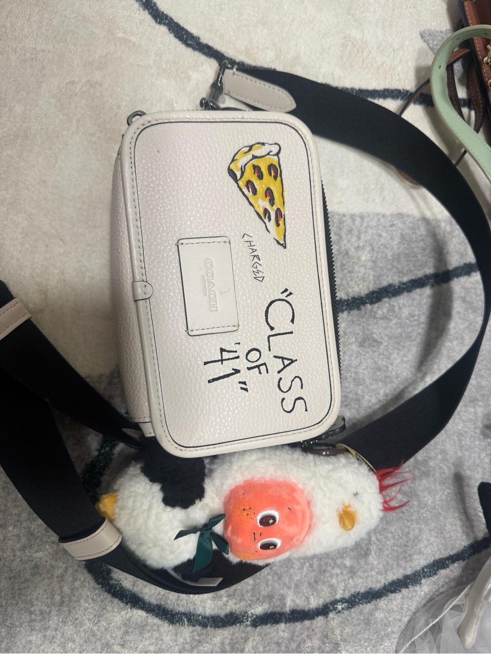 Coach White Leather Crossbody Bag with Hand-Drawn Pizza Graphic